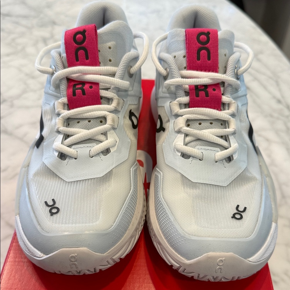On Running White Sneakers with Pink Tongue Accents
